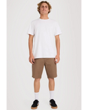 Volcom Modown Canvas 5 Pocket Mens Short in Teak brown front view showing the structured fixed waistband metal button closure zip fly layout and deep front hand pockets, sold by Point Break Cambridge local family surf shop at 63 Duke street.