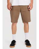 Volcom Modown Canvas 5 Pocket Mens Short in Teak brown front view showing the structured fixed waistband metal button closure zip fly layout and deep front hand pockets, sold by Point Break Cambridge local family surf shop at 63 Duke street.