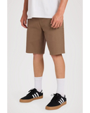 Volcom Modown Canvas 5 Pocket Mens Short in Teak brown side profile view highlighting the modern active outseam hemline length and comfortable relaxed straight leg architecture, sold by Point Break Cambridge local family surf shop at 63 Duke street.
