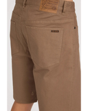Volcom Modown Canvas 5 Pocket Mens Short in Teak brown close up view highlighting the premium durable heavy duty cotton canvas fabric weave texture branded metal hardware and clean coin pocket stitching details, sold by Point Break Cambridge local family surf shop at 63 Duke street.