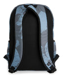 Volcom Patch Attack Backpack in Blue back view showing the padded back panel and comfortable adjustable shoulder straps, sold by Point Break Cambridge local family surf shop at 63 Duke street.