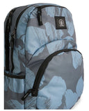 Volcom Patch Attack Backpack in Blue close up view showing the open main zipper compartment and durable internal lining, sold by Point Break Cambridge local family surf shop at 63 Duke street.