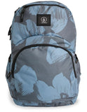 Volcom Patch Attack Backpack in Blue front view showing the vibrant blue fabric and custom embroidered retro brand patches, sold by Point Break Cambridge local family surf shop at 63 Duke street.