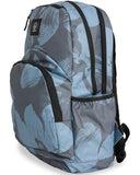Volcom Patch Attack Backpack in Blue side profile view showing the zipper depth and water bottle pocket layout, sold by Point Break Cambridge local family surf shop at 63 Duke street.