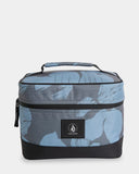 Volcom Patch Attack Deluxe Makeup Bag in Blue front view showing the retro brand patches and main zipper, sold by Point Break Cambridge local family surf shop at 63 Duke street.