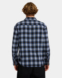 Volcom Psycho Flannel Long Sleeve Shirt in Light Navy back view showing the relaxed straight shoulder yoke and plaid pattern layout, sold by Point Break Cambridge local family surf shop at 63 Duke street.