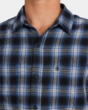 Volcom Psycho Flannel Long Sleeve Shirt in Light Navy close up view highlighting the premium brushed cotton fabric texture and embroidered stone logo detail, sold by Point Break Cambridge local family surf shop at 63 Duke street.