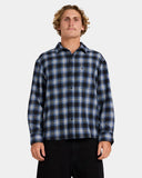 Volcom Psycho Flannel Long Sleeve Shirt in Light Navy front view showing the button down closure and plaid chest pockets, sold by Point Break Cambridge local family surf shop at 63 Duke street.