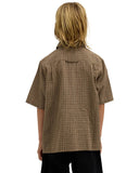 Volcom Revel Youth SS Boys Shirt in Earth brown back view showing the straight regular youth silhouette drape and clean shoulder yoke seam lines, sold by Point Break Cambridge local family surf shop at 63 Duke street.