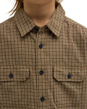 Volcom Revel Youth SS Boys Shirt in Earth brown close up view highlighting the premium lightweight textured woven fabric weave chest pocket stitching and custom buttons, sold by Point Break Cambridge local family surf shop at 63 Duke street.