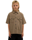 Volcom Revel Youth SS Boys Shirt in Earth brown front view showing the button up closure structured collar neck single chest pocket and woven brand label, sold by Point Break Cambridge local family surf shop at 63 Duke street.
