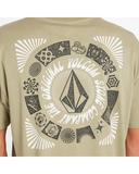 Beige t-shirt with black and white graphic design on a plain background. Volcom Round Out Youth SS Tee - Green Tee
