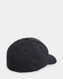 Volcom Stone Tech Flexfit Delta Hat in Black back view highlighting the comfortable FLEXFIT DELTA stretch-fit crown durable water-repellent polyester fabric seamless performance-inspired construction and signature Volcom high-density back screen print, sold by Point Break Cambridge local family surf shop at 63 Duke Street.