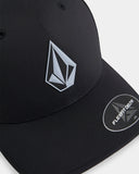 Volcom Stone Tech Flexfit Delta Hat in Black close up view highlighting the premium polyester elastane stretch fabric texture water-repellent V.Co-Tech RESIST finish precision seam detailing 3D sonic-welded Volcom Stone logo and durable performance construction, sold by Point Break Cambridge local family surf shop at 63 Duke Street.