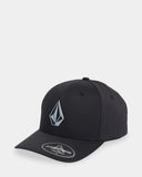 olcom Stone Tech Flexfit Delta Hat in Black front view showcasing the structured six-panel crown sleek solid black colourway pre-curved brim lightweight performance stretch fabric and signature 3D sonic-welded Volcom Stone logo, sold by Point Break Cambridge local family surf shop at 63 Duke Street.
