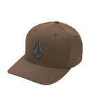 Volcom Stone Tech Flexfit Delta Hat in Brown Stone front view showcasing the structured six-panel crown earthy brown colourway pre-curved brim lightweight stretch fabric and signature 3D sonic-welded Volcom Stone logo, sold by Point Break Cambridge local family surf shop at 63 Duke Street.