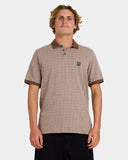 Volcom Stonelord Polo Shirt in Brown Stone front view showing the short sleeves collared neck and signature embroidered front stone logo, sold by Point Break Cambridge local family surf shop at 63 Duke street.