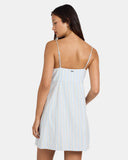 Volcom Vertigo Dress in Blue print back view showing the premium shoulder strap alignment and smooth continuous fabric drape, sold by Point Break Cambridge local family surf shop at 63 Duke street.