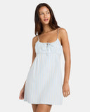 Volcom Vertigo Dress in Blue print front view showing the elegant neckline and relaxed flowing mini dress silhouette, sold by Point Break Cambridge local family surf shop at 63 Duke street.