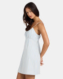 Volcom Vertigo Dress in Blue print side profile view highlighting the clean hemline cut and comfortable low-profile side seam construction, sold by Point Break Cambridge local family surf shop at 63 Duke street.