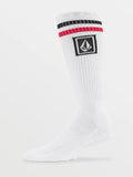 White sock with black and red band featuring a logo on a white background