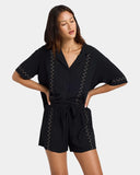 Volcom Womens Bloomz Short in Black front view showing the comfortable elastic waistband and relaxed casual leg profile, sold by Point Break Cambridge local family surf shop at 63 Duke street.