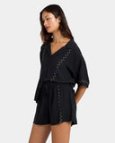 Volcom Womens Bloomz Short in Black side profile view highlighting the comfortable outseam hemline and low profile side seam construction, sold by Point Break Cambridge local family surf shop at 63 Duke street.