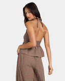 Volcom Womens Haltbae Top in Earth brown back view showing the open back alignment and premium adjustable neck fabric tie closures, sold by Point Break Cambridge local family surf shop at 63 Duke street.