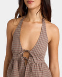 Volcom Womens Haltbae Top in Earth brown close up view highlighting the premium lightweight fabric texture, high-quality seam detailing, and subtle embroidered stone logo, sold by Point Break Cambridge local family surf shop at 63 Duke street.