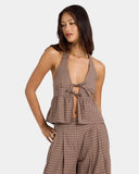 Volcom Womens Haltbae Top in Earth brown front view showing the elegant halter neckline and relaxed flowing sleeveless drape, sold by Point Break Cambridge local family surf shop at 63 Duke street.