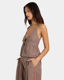 Volcom Womens Haltbae Top in Earth brown side profile view highlighting the comfortable low-profile armhole cut and clean hem stitching, sold by Point Break Cambridge local family surf shop at 63 Duke street.