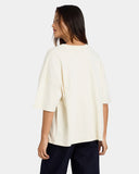 Volcom Womens Mirrorz Tee in Dirty White back view showing the relaxed straight silhouette drape and premium shoulder panel seam stitching, sold by Point Break Cambridge local family surf shop at 63 Duke street.