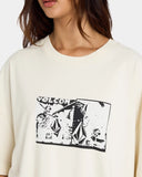 Volcom Womens Mirrorz Tee in Dirty White close up view highlighting the premium soft cotton knit fabric weave texture and high density screen print graphic finish detail, sold by Point Break Cambridge local family surf shop at 63 Duke street.