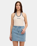 Volcom Womens Ramped Mini Denim Skirt in Stone Blue front view showing the mid rise waistline button closure and classic five pocket denim layout, sold by Point Break Cambridge local family surf shop at 63 Duke street.