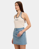 Volcom Womens Ramped Mini Denim Skirt in Stone Blue side profile view highlighting the structured leg opening profile and durable double stitched side seam construction, sold by Point Break Cambridge local family surf shop at 63 Duke street.