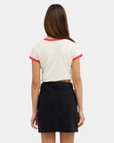 Volcom Womens Stoneray Skirt in Black back view highlighting the fitted mini skirt silhouette classic patch pockets durable cotton construction signature Volcom denim branding and embroidered Stone logo on the rear pocket, sold by Point Break Cambridge local family surf shop at 63 Duke Street.