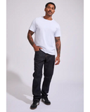 Front view zoomed out of the Volcom Vorta Denim Slim Fit Jeans in Rinse wash showing the dark indigo tailored leg cut and classic zip fly setup.