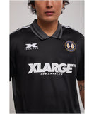 Close up view of xlarge football tee showing the logo and LosAngeles football decals