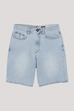 Light blue denim shorts on a gray background