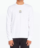 A young male model wearing a white long sleeve t-shirt with The Simpsons x Billabong Family Arch print at the chest.