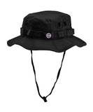 A black boonie hat with an adjustable toggle and a printed canvas label on the front.