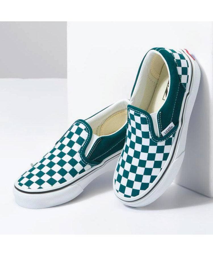 Vans Checkerboard Slip On Color Theory Kids Shoe - Deep Teal