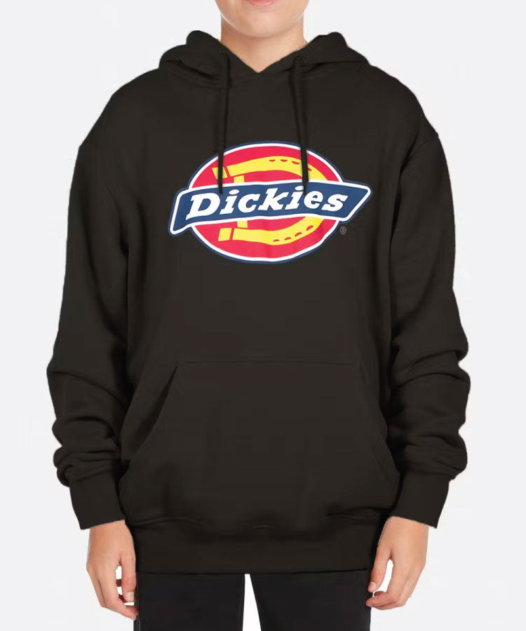 A youth pop-over hoodie in black color with the Dickies logo printed at the front. Dickies H.S Classic Youth Hooodie - Black