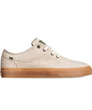 A beige Globe Mahalo shoe with a hemp upper and a regrind gum sole, designed for skateboarding.