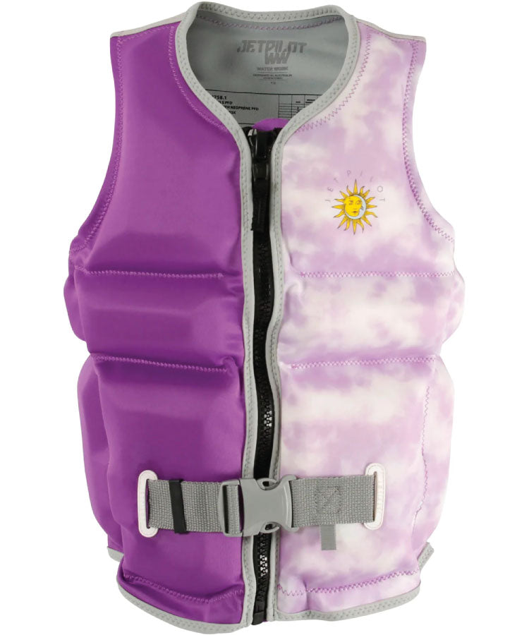 A purple Jetpilot 2023 X1 Girls Vest featuring a zipper and a sun logo on the front.