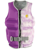 A purple Jetpilot 2023 X1 Girls Vest featuring a zipper and a sun logo on the front.