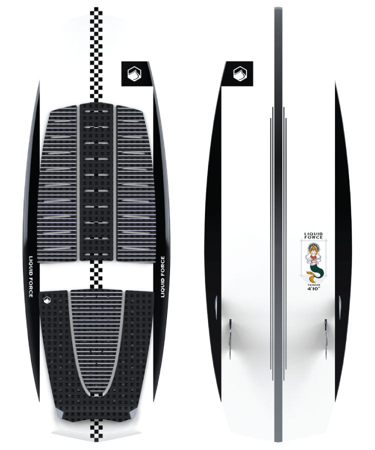 A Liquid Force Twinzer Wakesurf board featuring a black and white design with a diamond tip, full body, and a checkered pattern near the top.