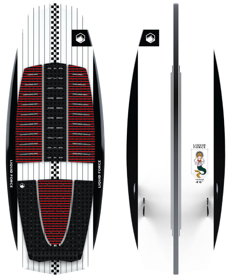 A Liquid Force Twinzer Wakesurf board featuring a black and white design with a diamond tip, full body, and a checkered pattern near the top.
