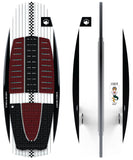 A Liquid Force Twinzer Wakesurf board featuring a black and white design with a diamond tip, full body, and a checkered pattern near the top.