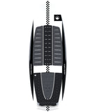 A Liquid Force Twinzer Wakesurf board featuring a black and white design with a diamond tip, full body, and a checkered pattern near the top.
